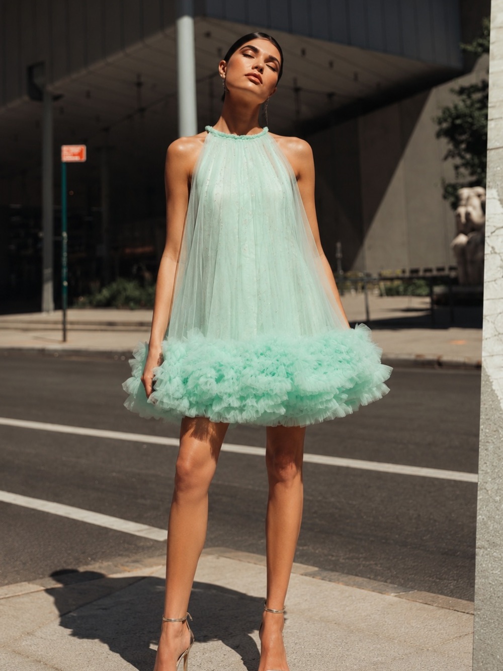 NWT Mac Duggal Mint High Neck Gathered Tulle A-Line Swing Dress 2